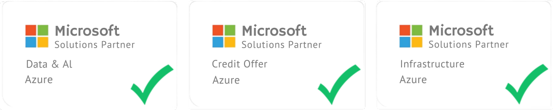 Microsoft Solutions Partner badges - Data & AI Azure, Credit Offer Azure, Infrastructure Azure